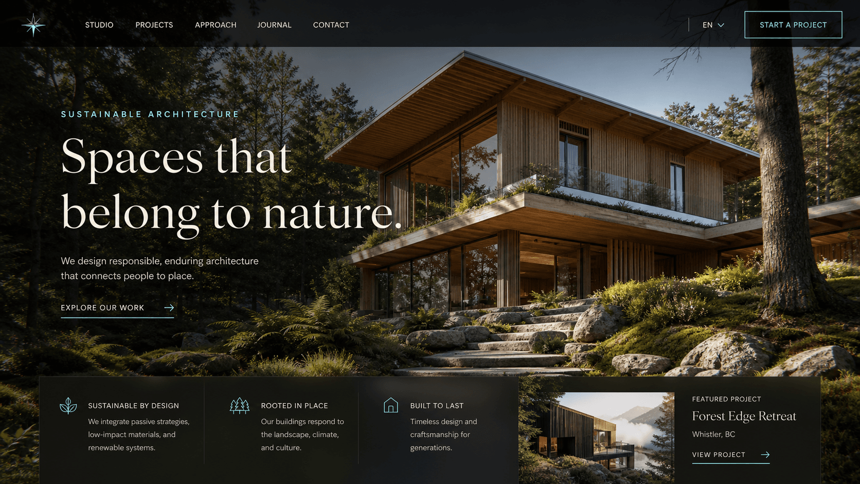 Northstar Studio architecture website with a modern timber home in a forest