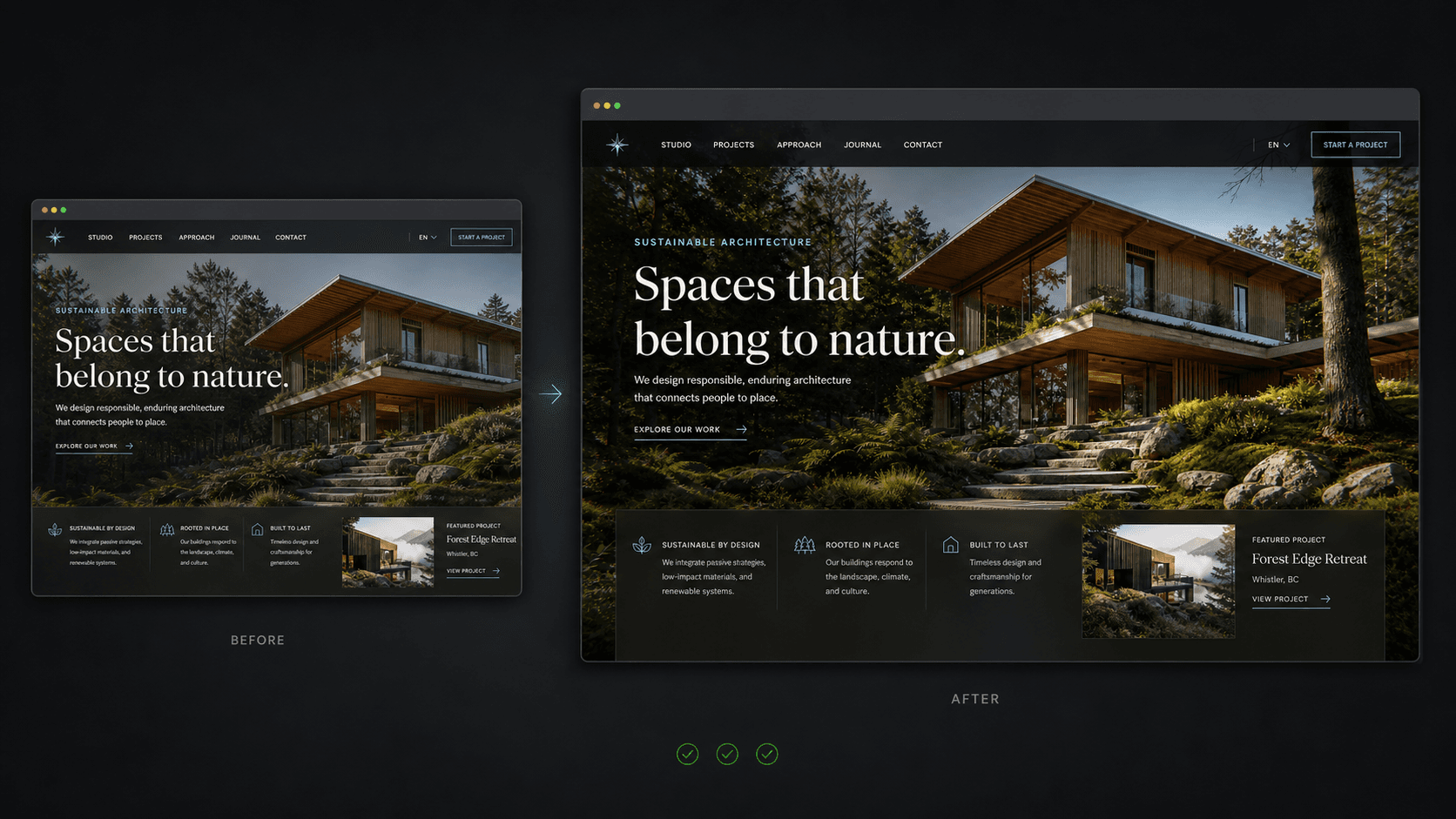 Before and after browser previews of a website refined through a focused LimAI follow-up