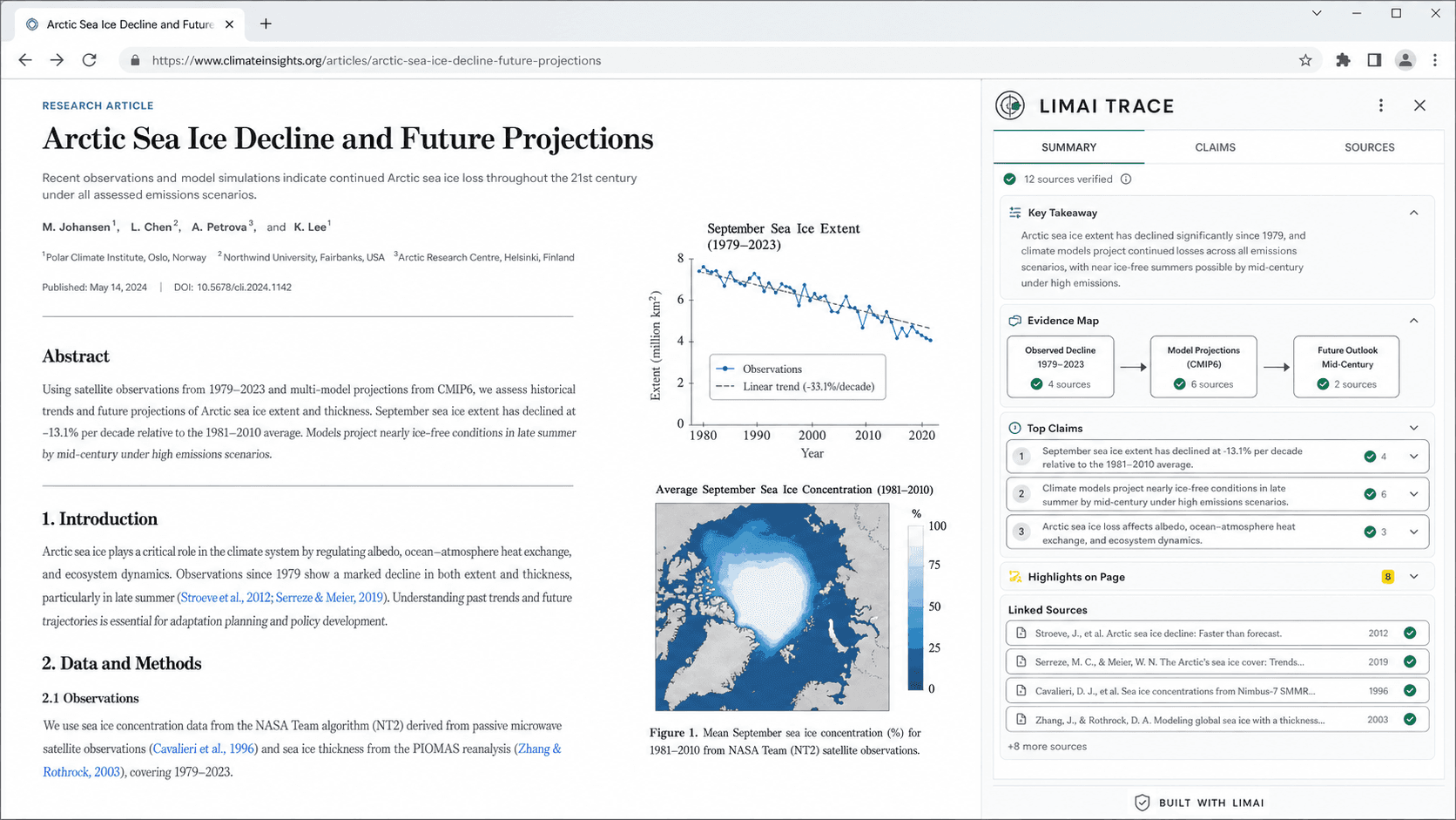 A research verification browser extension beside a climate science article
